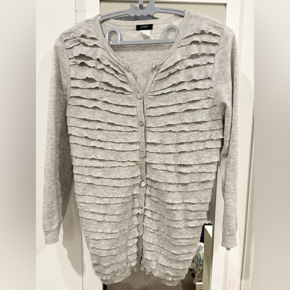 J. Crew Light Gray Ruffled Cardigan